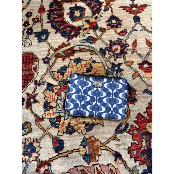 Coach Blue White Signature Op Art Wristlet Clutch Leather Trim - Picture 1 of 9